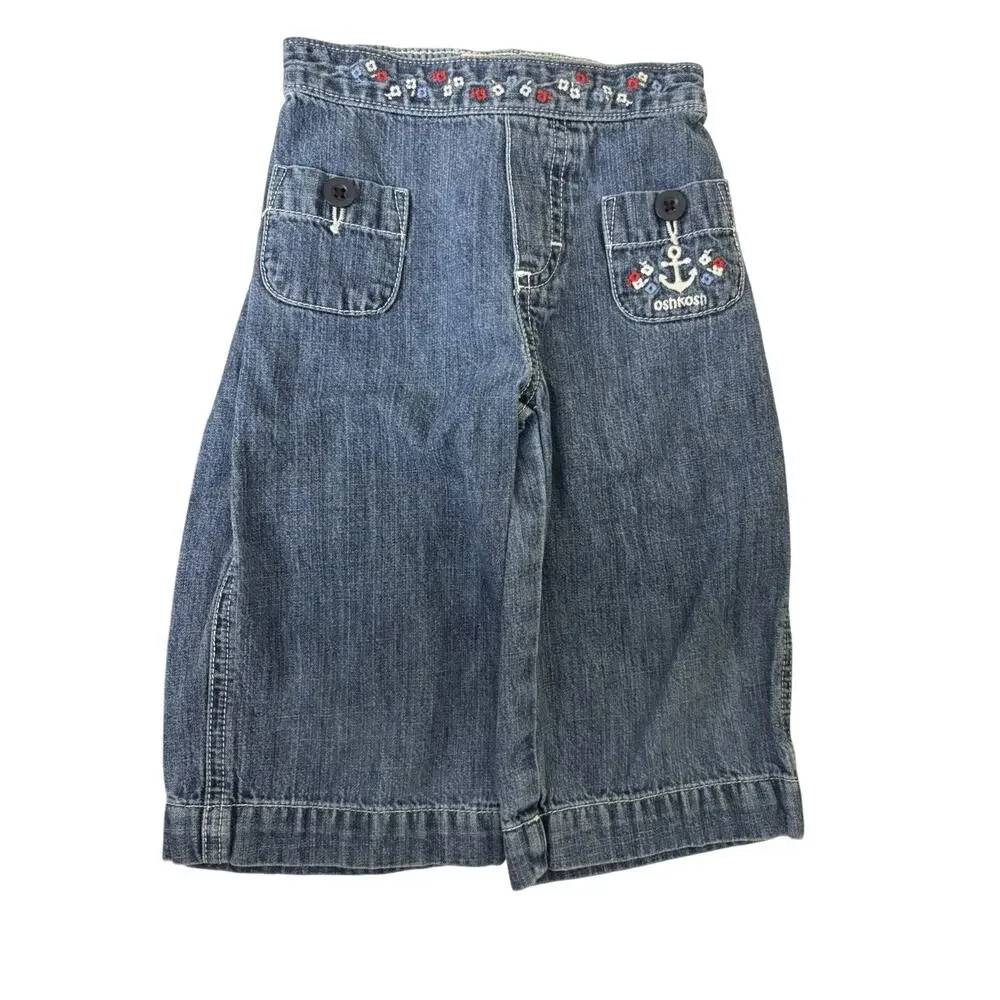 Vintage OshKosh Girl’s Wide Leg Denim Embroidered Jeans Sz 3T USA Nautical